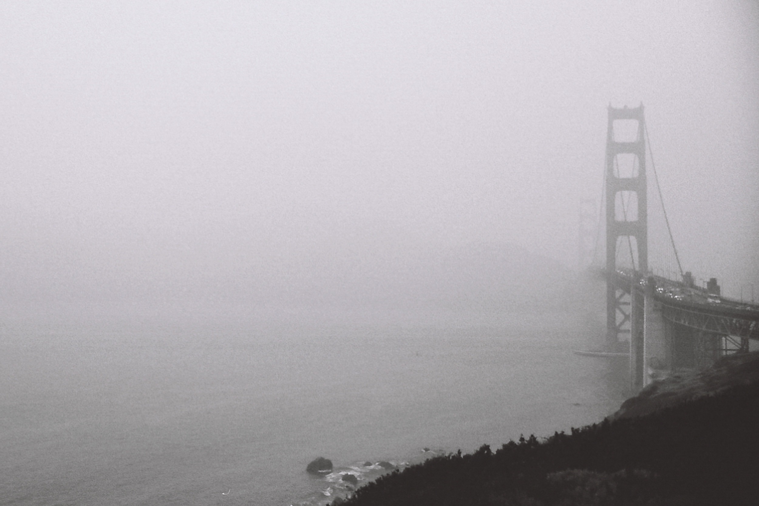 Golden Gate Bridge in fog, 35mm black and white